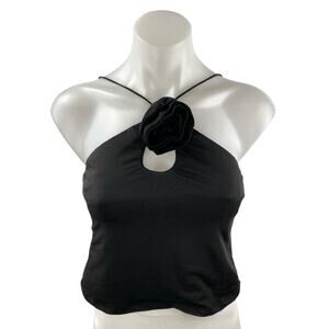 NEW White Fox Black Flower Keyhole Sleeveless Halter Camisole Crop Tank Top M